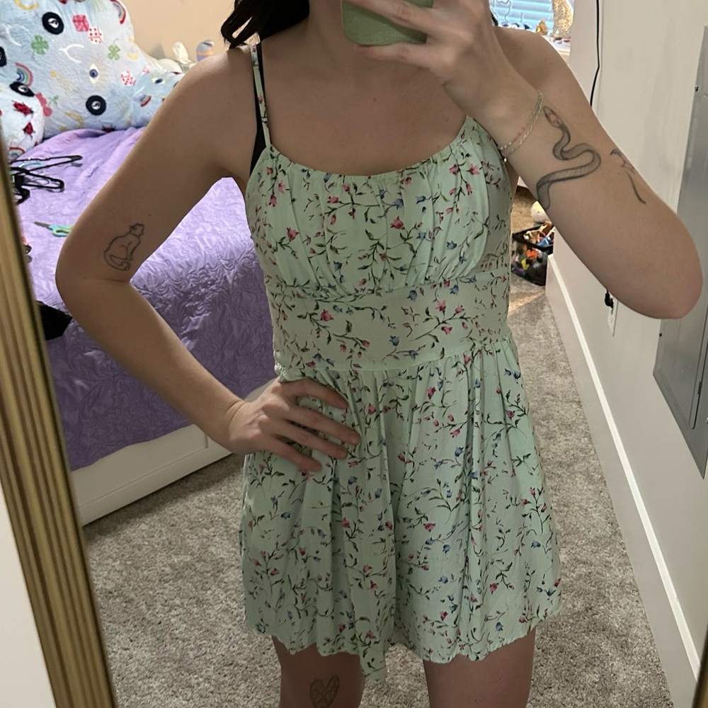 Floral Mint Green Romper with open back panel